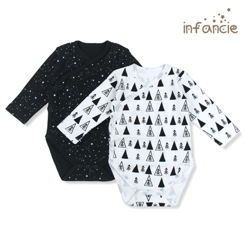 Infancie Newborn Baby Kimino Long Sleeves Bodysuit Set of 2 Pcs (100% Cotton) Black / White